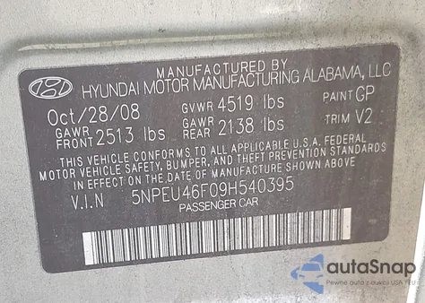 2009 Hyundai Sonata Limited V6 from USA, damaged, VIN 5NPEU46F09H540395